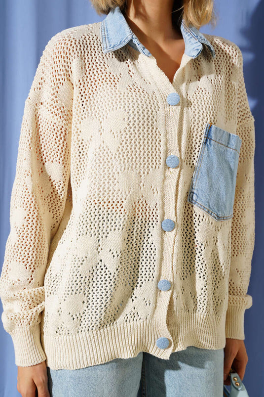 Gilet en jean beige à poches et ceinture