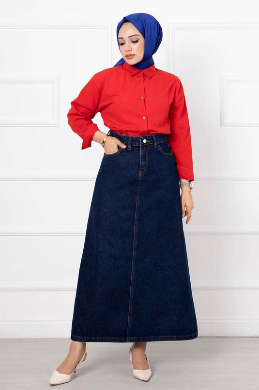 Long Hijab Denim Skirt Navy Blue