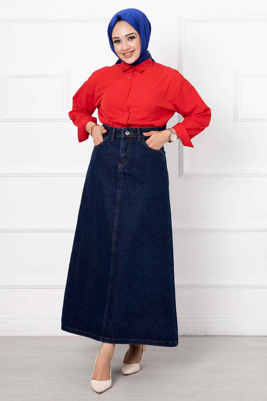 Long Hijab Denim Skirt Navy Blue