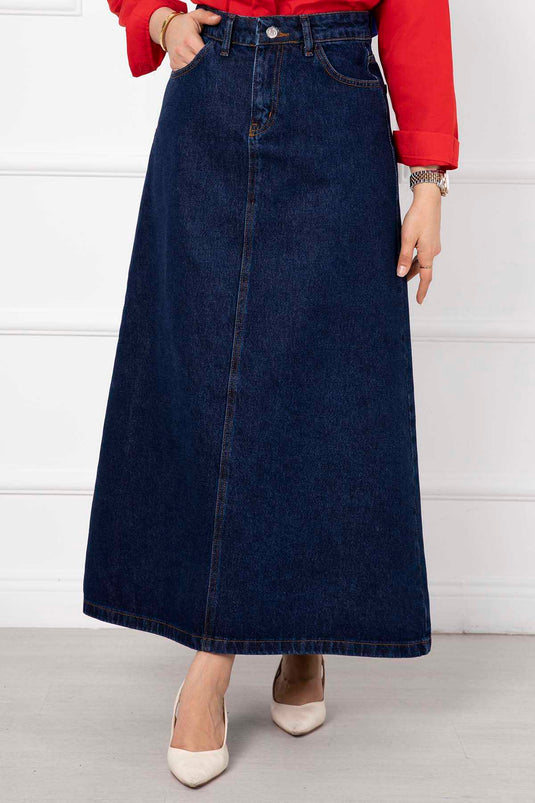 Long Hijab Denim Skirt Navy Blue