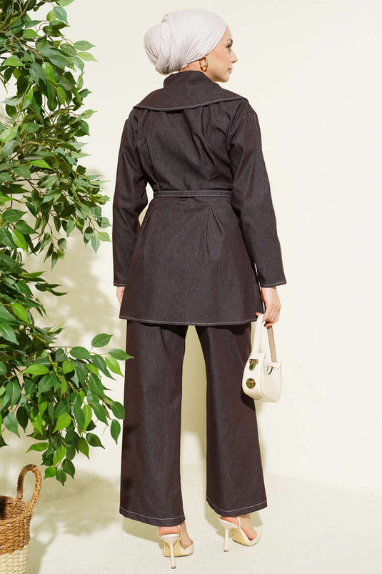 Denim Zip-Up Pants Set Brown