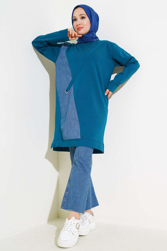 Kot Garni Detaylı Tunik Petrol