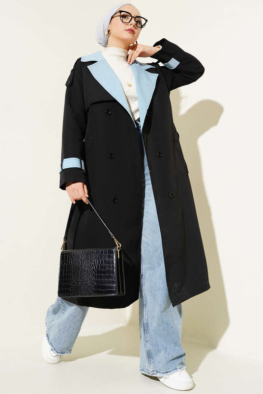 Denim Garnished Epaulette Trench Coat Black Blue