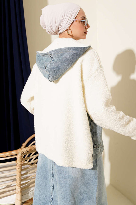 Kot Garnili Çıtçıtlı Peluş Ceket Ekru