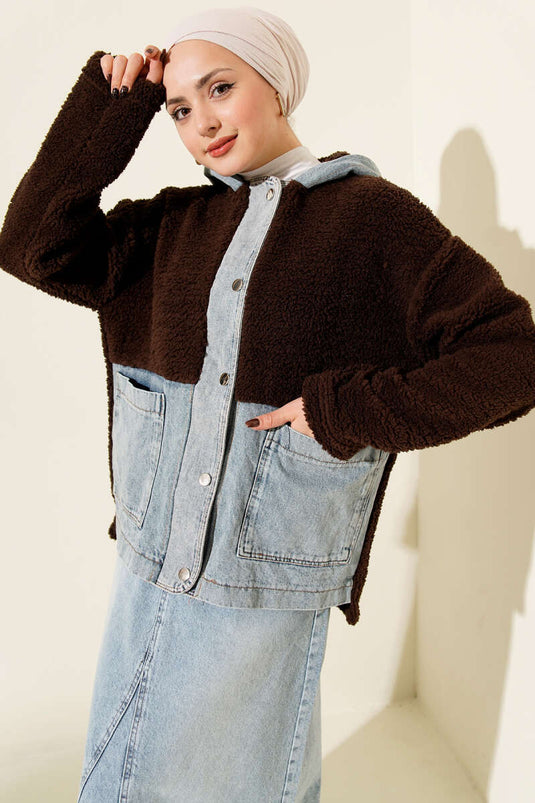 Kot Garnili Çıtçıtlı Peluş Ceket Kahve