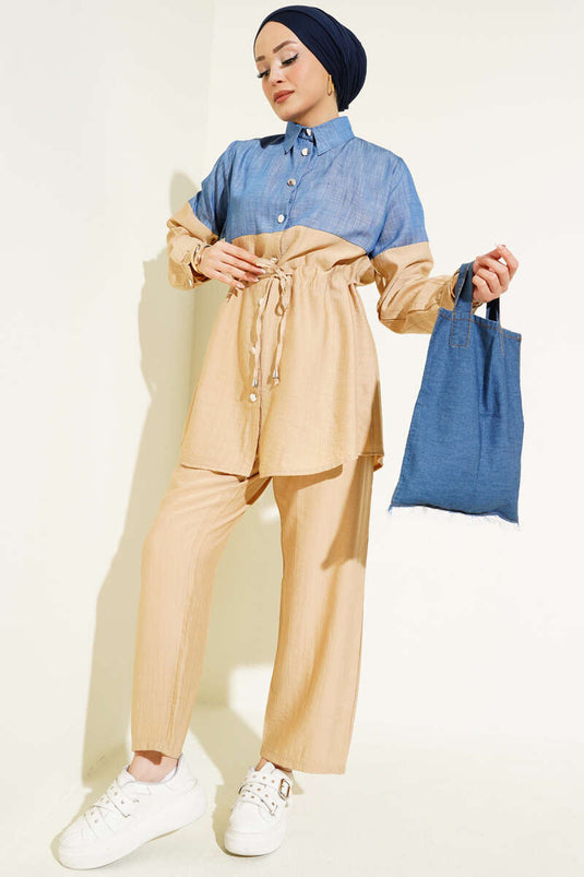 Buttoned Tunic and Pants Set Beige