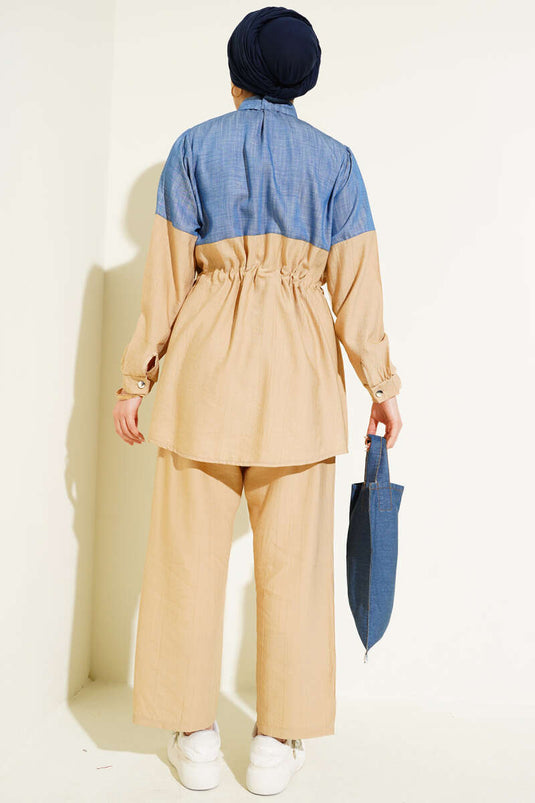 Buttoned Tunic and Pants Set Beige