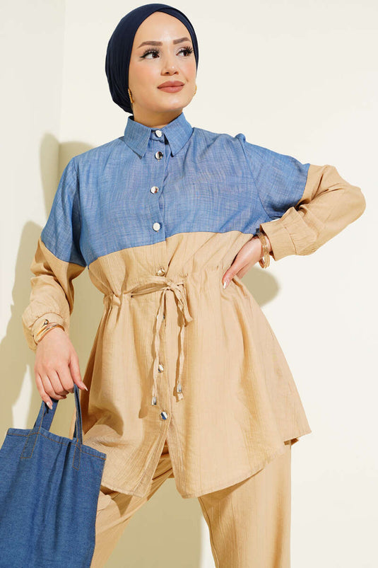 Buttoned Tunic and Pants Set Beige