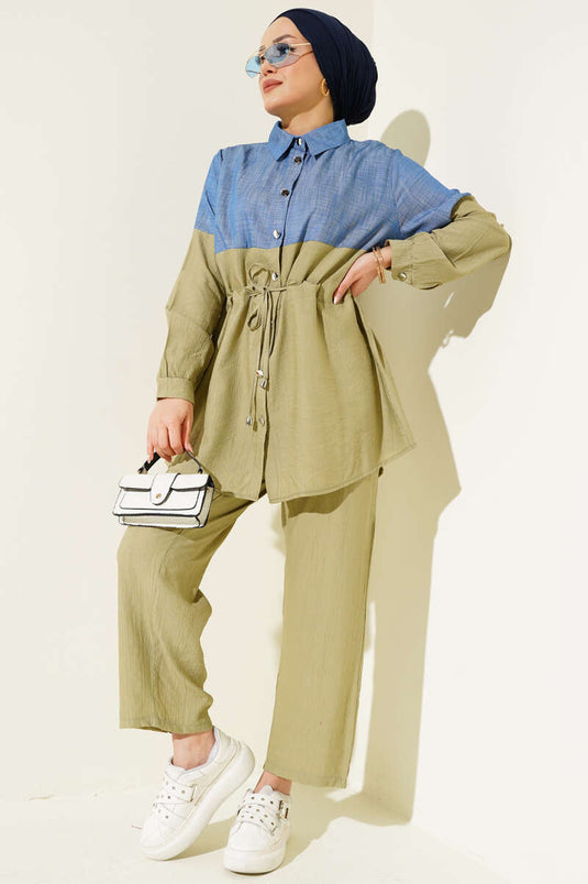 بدلة جينز مزينة بأزرار من قطعتين باللون الكاكي