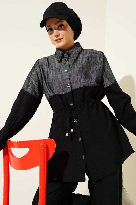 بدلة من قطعتين مزينة بقماش الدنيم وأزرار باللون الأسود