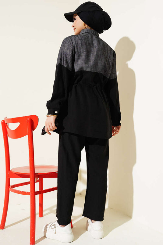 بدلة من قطعتين مزينة بقماش الدنيم وأزرار باللون الأسود