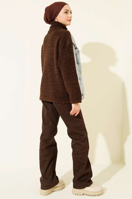 Kot Garnili Fermuarlı Peluş Ceket Kahve
