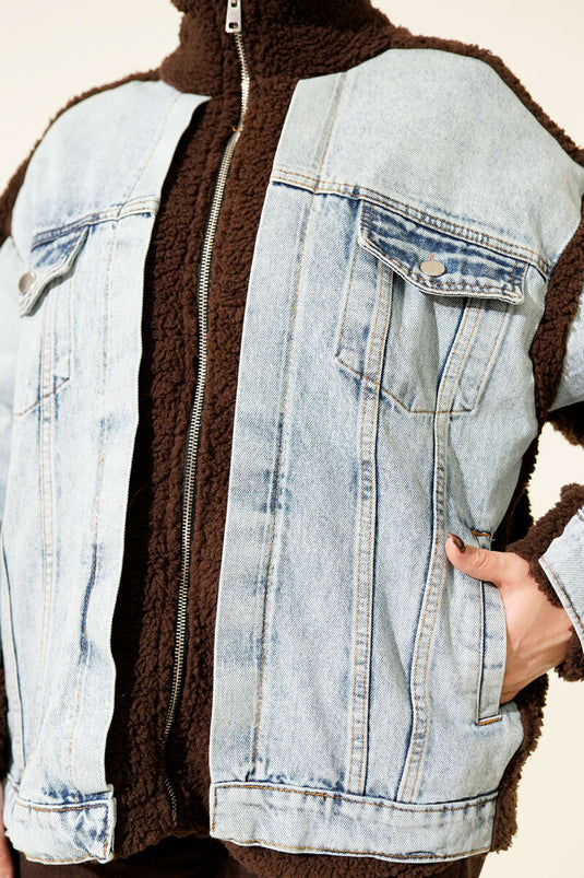 Kot Garnili Fermuarlı Peluş Ceket Kahve