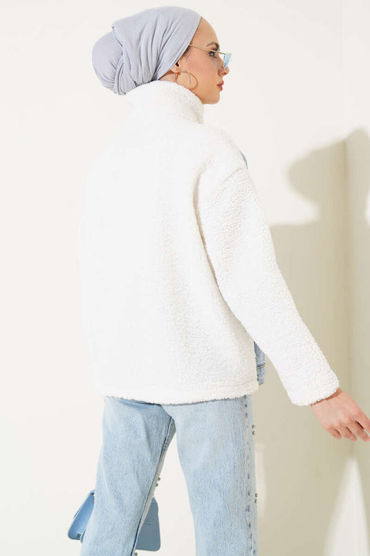 Veste En Peluche Zippée Garnie De Denim Bleu