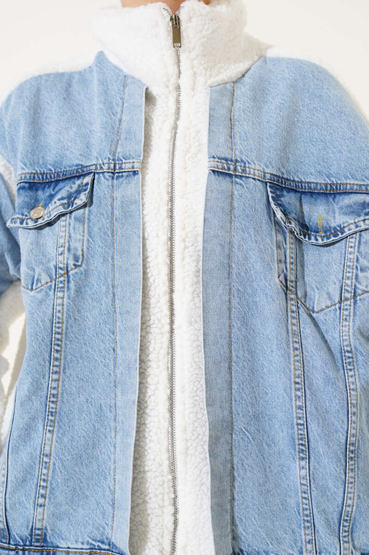 Veste En Peluche Zippée Garnie De Denim Bleu