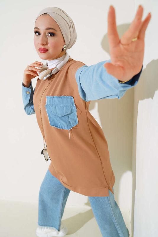 مثل Garnili ıki ıp Tunic Camel