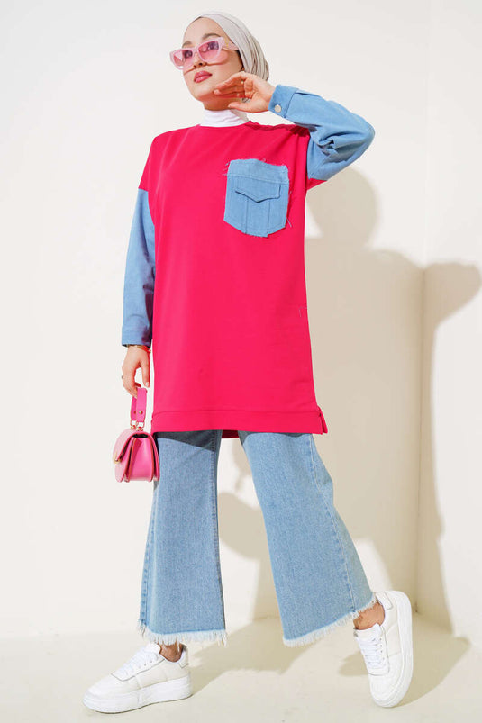 تونيك من الدنيم مخطط بخيطين باللون الفوشيا