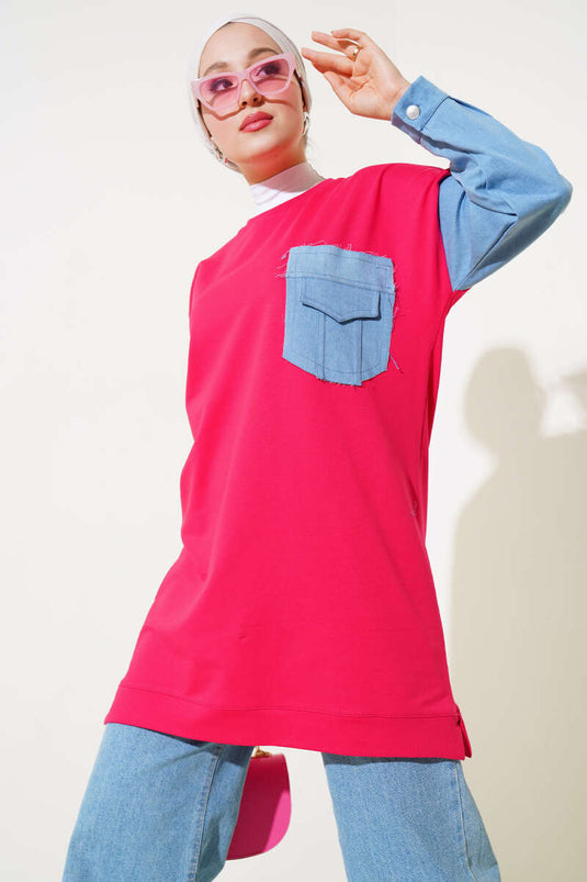 تونيك من الدنيم مخطط بخيطين باللون الفوشيا