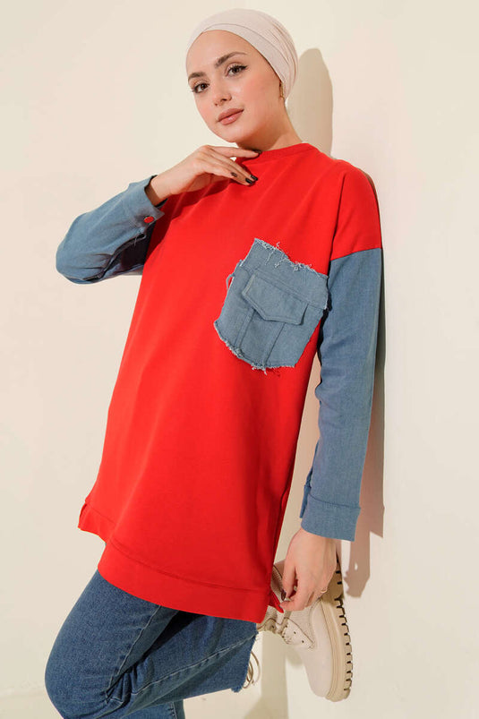 Tunique à deux cordons bordée de denim, rouge