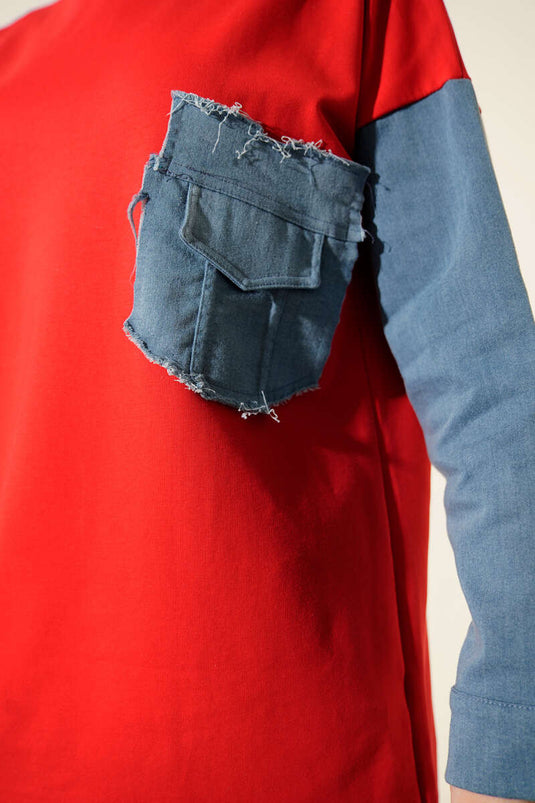 Tunique à deux cordons bordée de denim, rouge