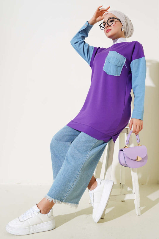 Tunique à deux cordes garnie de denim violet