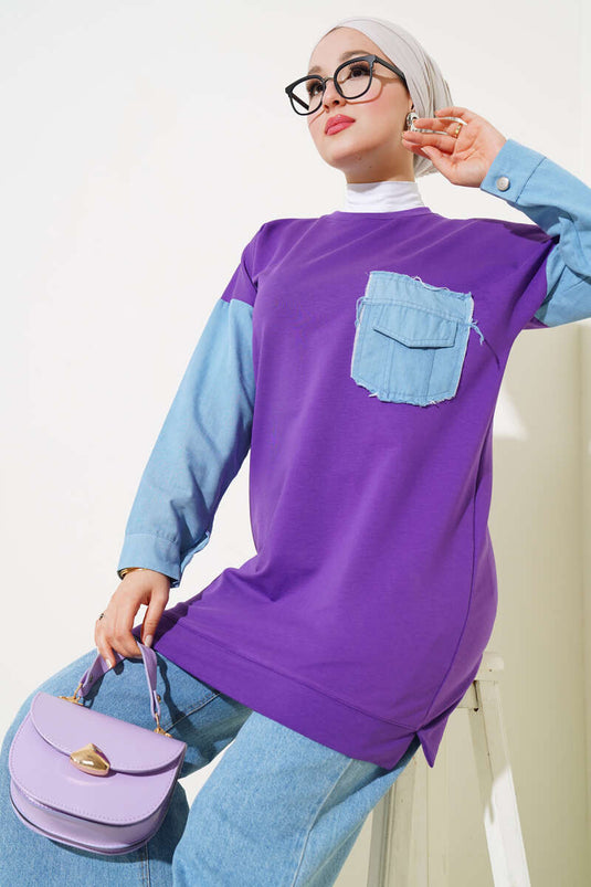 Tunique à deux cordes garnie de denim violet