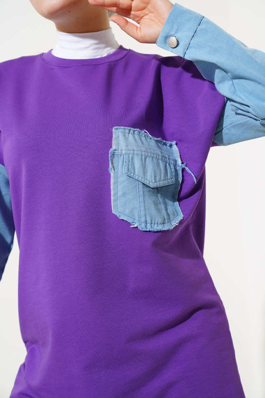 Tunique à deux cordes garnie de denim violet