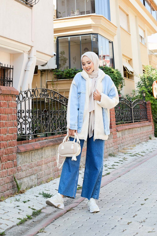 Lamb Coat with Denim Garnish Ecru