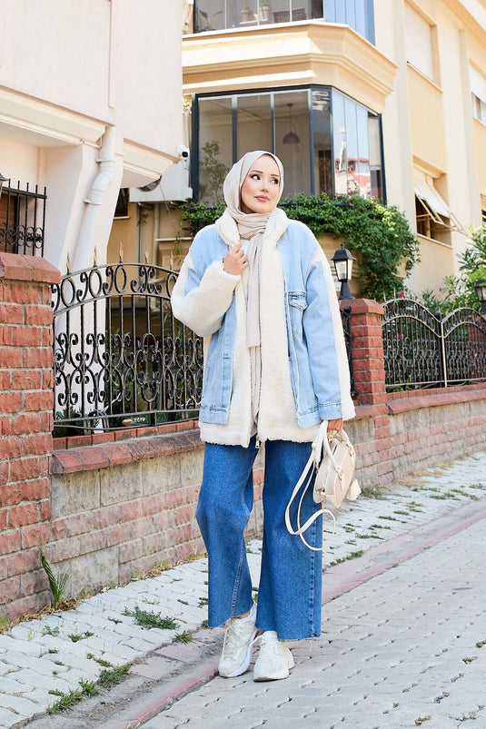 Lamb Coat with Denim Garnish Ecru