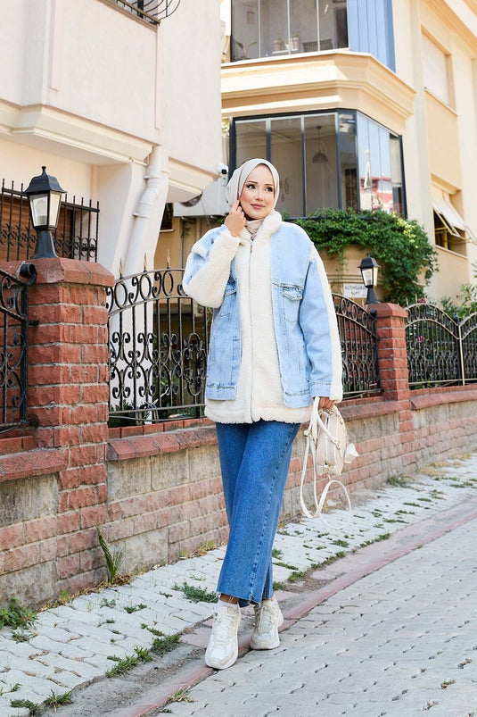 Lamb Coat with Denim Garnish Ecru