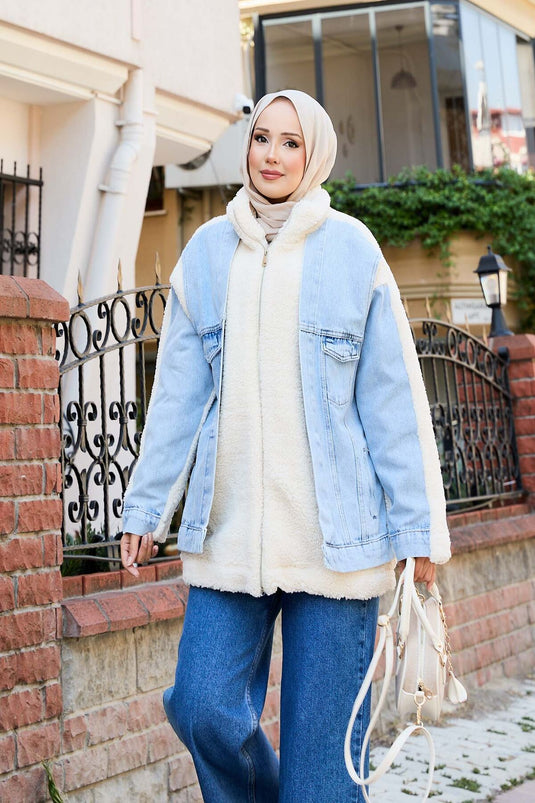 Lamb Coat with Denim Garnish Ecru