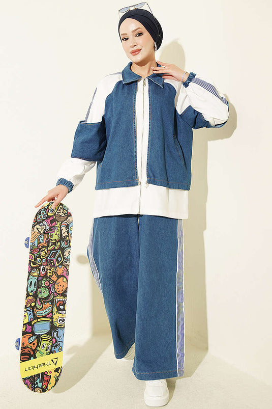 Conjunto De Dos Piezas De Denim A Rayas Y Punto