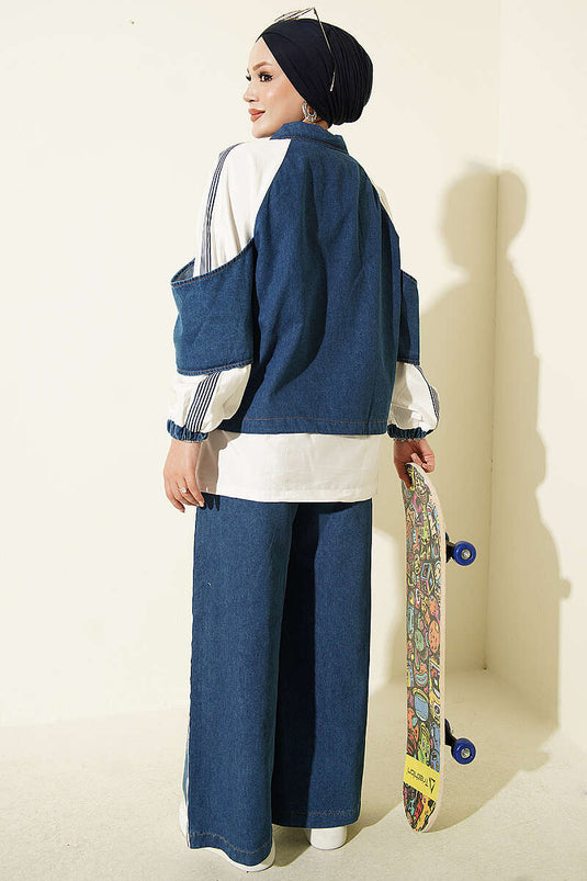 Conjunto De Dos Piezas De Denim A Rayas Y Punto