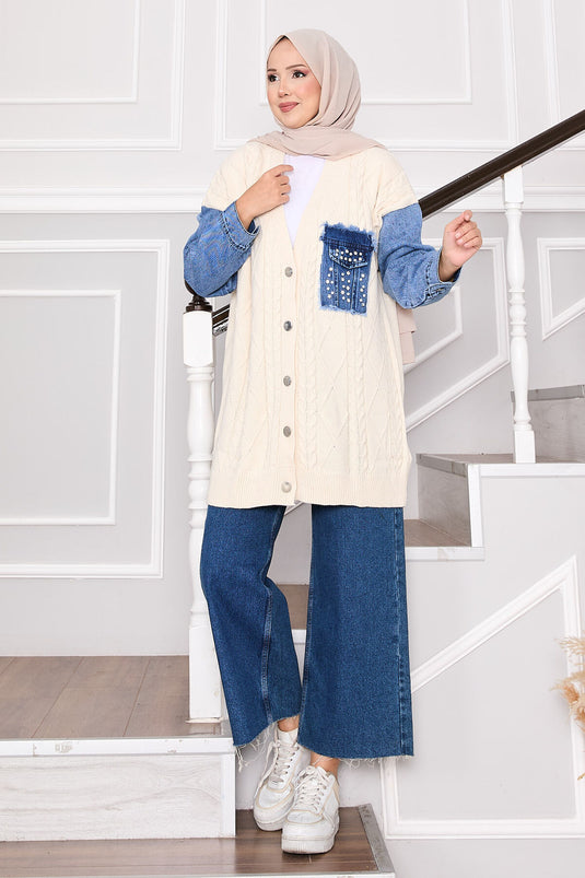 Cardigan en tricot de cheveux avec détails en pierre et garniture en denim écru