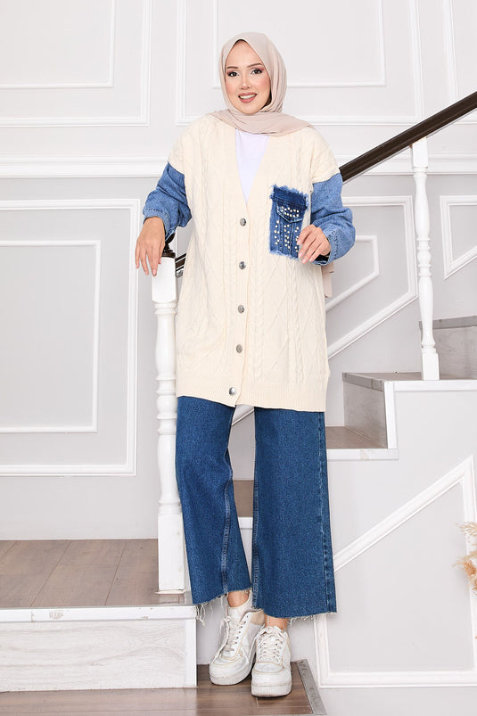 Cardigan en tricot de cheveux avec détails en pierre et garniture en denim écru