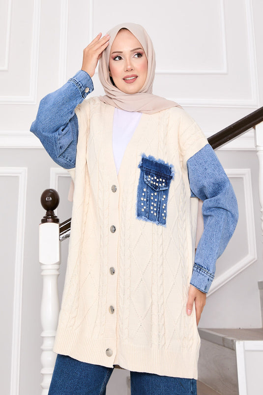 Cardigan en tricot de cheveux avec détails en pierre et garniture en denim écru