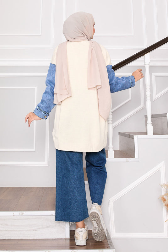 Cardigan en tricot de cheveux avec détails en pierre et garniture en denim écru