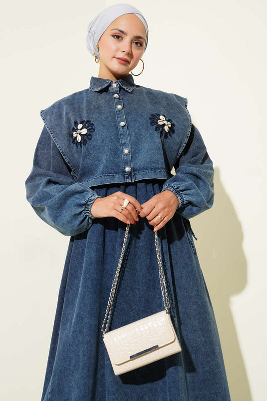 Pull en jean à broderies florales, bleu foncé