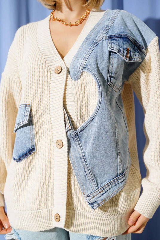 Gilet en jean beige à poches