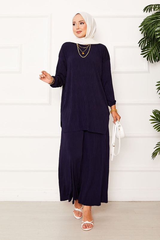 Kraş Pattern Sandy Two-Piece Set Navy