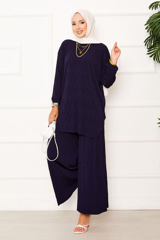 Kraş Pattern Sandy Two-Piece Set Navy