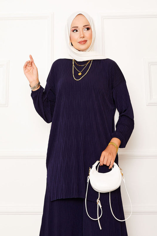 Kraş Pattern Sandy Two-Piece Set Navy