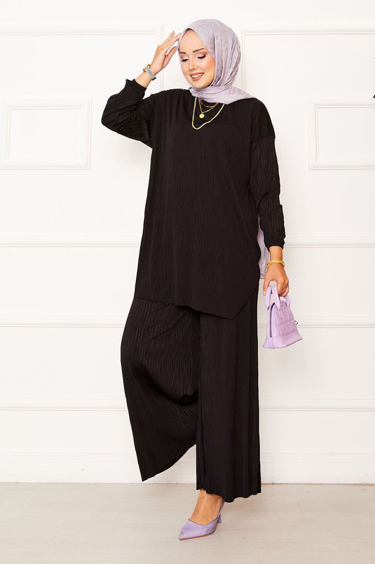 Crinkle Muster Sandy Zweiteil-Set Schwarz