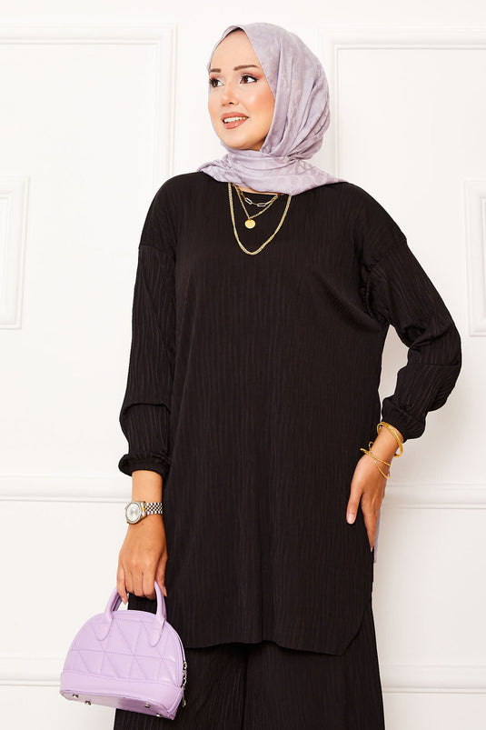 Crinkle Muster Sandy Zweiteil-Set Schwarz