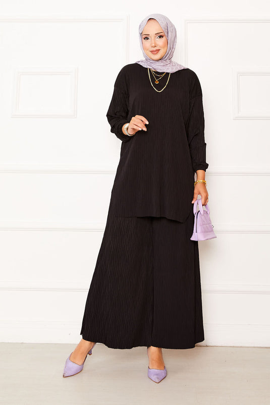 Crinkle Muster Sandy Zweiteil-Set Schwarz