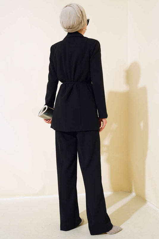 Costume double avec veste en crêpe Noir