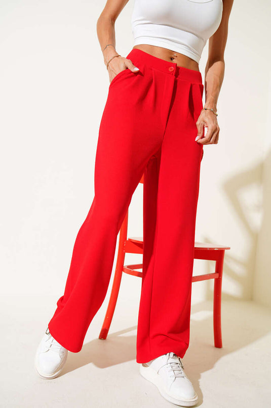 Crepe Fabric Wide-Leg Trousers, Red