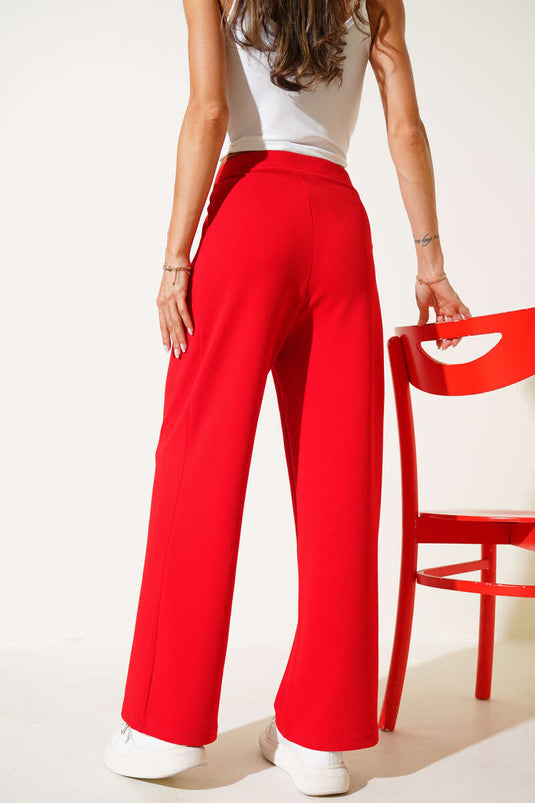 Crepe Fabric Wide-Leg Trousers, Red