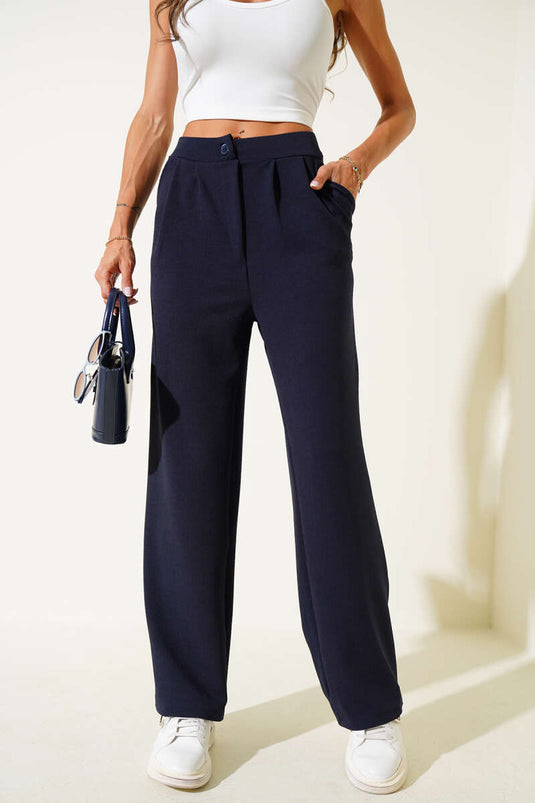 Crepe Fabric Wide Trousers Navy Blue
