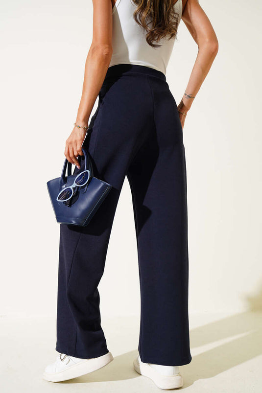 Crepe Fabric Wide Trousers Navy Blue